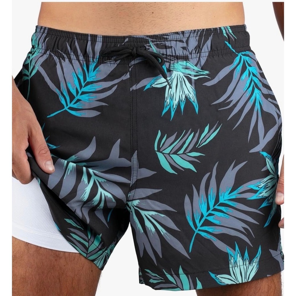 Kanu Surf Mens Bayside Swim Trunks Black Teal Tropical Compression Liner 3XL NEW